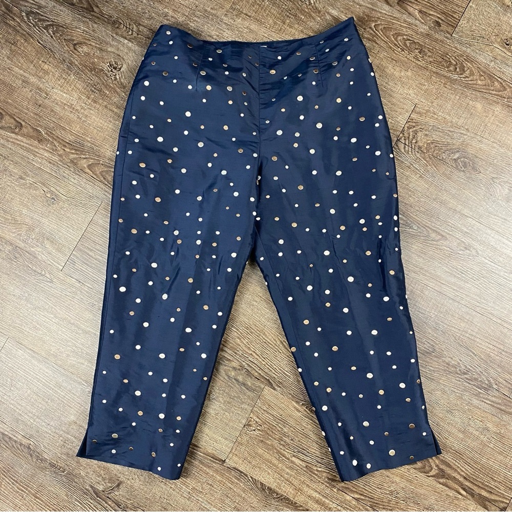 Talbots Pants Women 12 Petite Navy Blue Polka Dot Embroidered 100% Silk Zip 21”